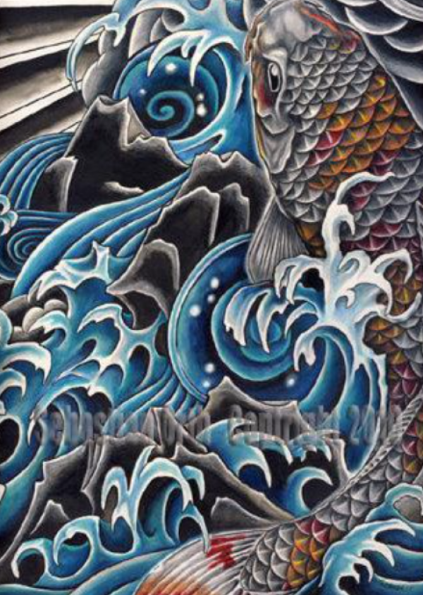 Motif Koi di Air Terjun